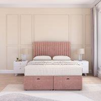 Sloomy Manhattan Plush Fabric Ottoman Bed End Opening With Sprung Memory Mattress & 54 Inch Floorstanding Headboard in Pink | Size: Super King