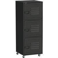 HOMCOM Rolling Storage Cabinet 3-Tier Mobile File Cabinet on Wheels Metal Doors in Black