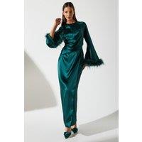 Coast Women's Feather Trim Satin Maxi Dress in Green | Size: 10