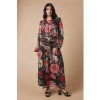 Oasis Women's Floral Chiffon Gathered Ruched Midi Dress in True Black | Size: 8