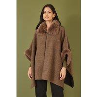 Yumi Women's Brown Cape With Luxe Fur Trim & Lining | Size: S/M