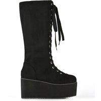 XY London Women's 'Liz' High Flatform Lace Up Biker Calf Boots in Jet Black | Size: 7