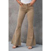 Khaki Raw Hem High Waist Flare Jeans