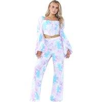 ELAINA FASHION Women's 2 Piece Set Tie Dye Corset Full Sleeve Crop Top High Waist Wide Flared Leg Palazzo Trouser | Size: 12