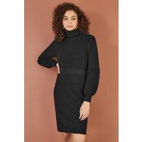 Yumi Women's Black Roll Neck Knitted Dress With Fitted Waist | Size: Large
