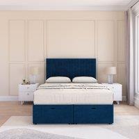 Sloomy Kansas Plush Fabric Ottoman Bed End Opening With Sprung Memory Mattress & 26 Inch Headboard in Navy | Size: Super King