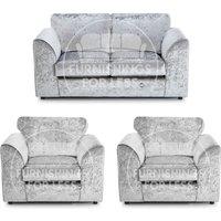 Furnishings For Less UK Crystal Crushed Velvet 4 Seater 3 Piece Sofa Suite - 3, 2 & Armchair Seater Full Back in Silver