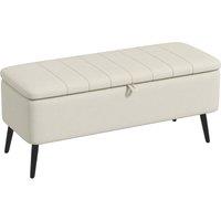 HOMCOM Storage Ottoman Bench, Linen Fabric Footstool with Steel Legs Cream White