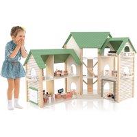 Gymax Wooden Dollhouse for Kids With Built-in Stairs 2 Toy Cars Doll Playset in Green
