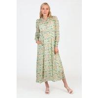 Sarta Women's Shirred Shoulder Chiffon Midi Dress - Green, Ikat Print in Green | Size: 12-14