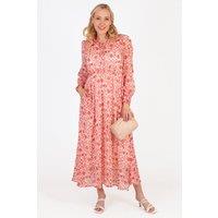 Sarta Women's Shirred Shoulder Chiffon Midi Dress - Coral, Ikat Print in Coral | Size: 12-14