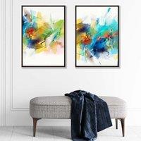 ARTZE Abstract Fractal Blue Green Set of 2 Art Prints in Black Frames | Size: A4