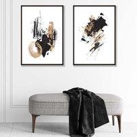 ARTZE Black & Gold Abstract Oil Strokes Set of 2 Art Prints in Black Frames | Size: A2
