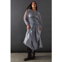 Warehouse Women's Shirred Chiffon Panel Bodice Midi Dress in Silver | Size: 14
