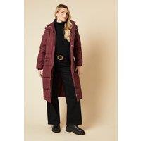 Dorothy Perkins Women's Midi Luxe Quilted Padded Puffer Belted Coat in Berry | Size: 6