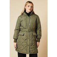 Dorothy Perkins Women's Self Covered Button Quilted Padded Puffer Midi Coat in Khaki | Size: 10