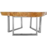 Orsina Teak Wood Coffee Table, Rustic Center Table With Natural Edges, Metallic Table With Sleek Legs, Kitchen Table in Silver