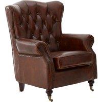 Orsina Brown Leather Scroll Armchair, Lounge Chair With Quilted Backrest, Walnut Wooden Chair With Stud Details