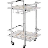 Orsina White Agate Drinks Trolley, Two Tier Serving Trolley, Kitchen Storage Trolley, Bar Trolley With Glass Holders in Silver