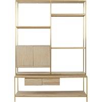 Orsina Iron Framed Shelf Unit For Study Room, Bookcase Storage Unit, Gold Finished Display Unit, Oak Wood Shelf Unit