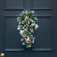 Marco Paul Christmas Artificial Wreath Decoration Swag Hanging Pinecones Snow Dusted Home in Green