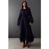 Tufted Dobby Chiffon Button Front Tie Neck Hanky Hem Midi