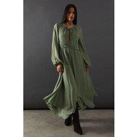 Warehouse Women's Tufted Dobby Chiffon Button Front Tie Neck Hanky Hem Midi Dress in Khaki | Size: 8