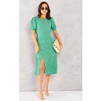 Sarta Women's Midi Puff Sleeve Tea Dress- Green Stars & Dots | Size: 8-10