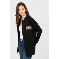 Sarta Women's Billie Black Denim Jacket Leopard Print Sequin Pocket | Size: Large