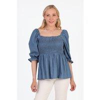 Sarta Women's Blue Shirred Cotton Milkmaid Peplum Top | Size: Large