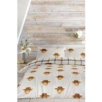 Fusion 'Highland Cow' Print With Tartan Reverse Duvet Cover Set in Mustard | Size: Double