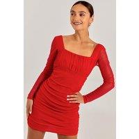 Pink Vanilla Women's Long Sleeve Gathered Mesh Mini Dress in Red | Size: 6