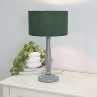 ValueLights Victoria Grey Wood Traditional Table Lamp with Fabric Drum Shade & LED Bulb in Green