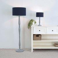 ValueLights Victoria Grey Wood Traditional Table Lamp with Fabric Drum Shade & LED Bulb in Navy