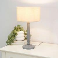 ValueLights Victoria Grey Wood Traditional Table Lamp with Fabric Drum Shade & LED Bulb in Natural