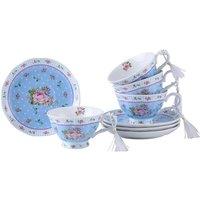 London Boutique Coffee Tea cup & Saucer set 4 Shabby Chic Vintage porcelain Bird Butterfly Flora Gift Box (Rose Blue) in Blue
