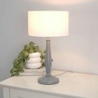 ValueLights Victoria Grey Wood Traditional Table Lamp with Fabric Drum Shade in White
