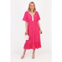 Sarta Women's Midi Kaftan Dress Gold Rope Trim - Pink | Size: Medium