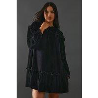 Warehouse Women's Smock Tiered Velvet Dress in Black | Size: 8