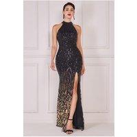 Goddiva Women's Ombre Sequin Halter Maxi Thigh Split in Black | Size: 8