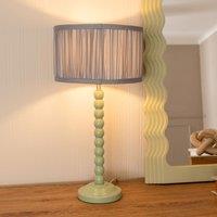 ValueLights Bobbins Sage Green Table Lamp with Ruched Pleated Drum Lamp Shade in Pale Blue
