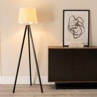 ValueLights Barbro Black Wood Tripod Floor Lamp with Linen Scallop Edge Shade & LED Bulb in White