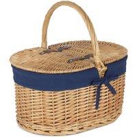 Red Hamper Wicker Oval Lidded Picnic Shopping Basket With Navy Blue Lining in Brown