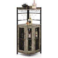 Costway Corner Bar Cabinet Industrial Wine Buffet Cabinet with Glass Holder Mesh Doors in Brown