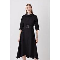 Structured Crepe Roll Neck Dip Hem Midi Dress