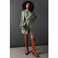 Warehouse Women's Tufted Dobby Chiffon Shirred Waist Flippy Hem Mini Dress in Khaki | Size: 8