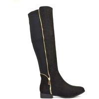 XY London Women's 'Sutton' Zip Up Flat Heel Knee High Boots With Stretchy Calf in Jet Black | Size: 3