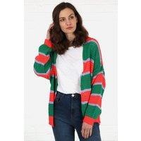 Sarta Women's Cotton Open Knit Cardigan - Green/Orange, Striped in Green