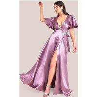 Flutter Sleeve Wrapover Satin Maxi Dress