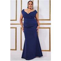 Goddiva Women's Bardot Pleated Maxi Dress in Navy | Size: 22